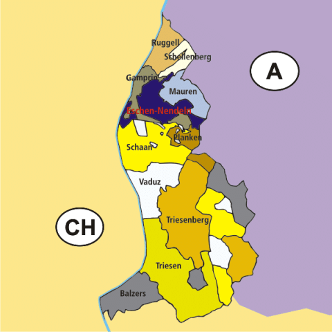 Karte mit der Lage aller 11 Gemeinden in Liechtenstein.