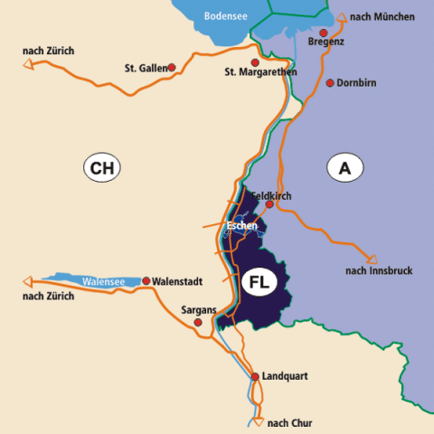 Anfahrtsmöglichkeiten von Zürich über St. Gallen, Zürich über Sargans und von Vorarlberg aus nach Liechtenstein.